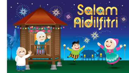 A boy and a girl is playing with fireworks during their Raya festival celebration. With village scene. The words 