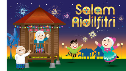 A boy and a girl is playing with fireworks during their Raya festival celebration. With village scene. The words 