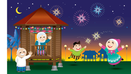 A boy and a girl is playing with fireworks during their Raya festival celebration. With village scene. 