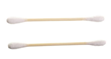 Cotton ear stick isolated on white background macro top view. Flat lay