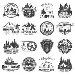 Set of Mountain biking and camping club badge. Vector