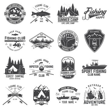 Set of fishing and camping club badge. Vector illustration.