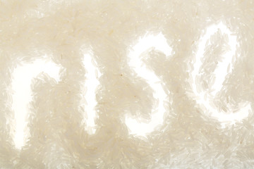 The inscription rice isolated on white background. Top view. Flat lay