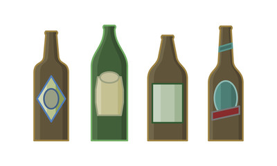 Different sorts of beer in bottles. Isolated line art style hand drawn illustration on white background.