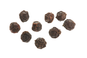 Black peppercorn isolated on white background. Top view