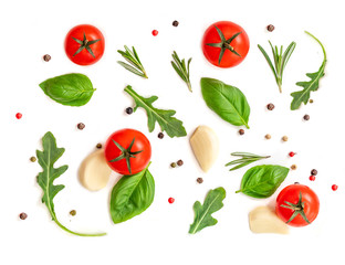 Seamless pattern with fresh vegetables, herbs and spices. Isolated on white background. Top view.