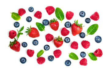 Fototapeta na wymiar Fresh Berries mix isolated on white background. Various Berries set. Top view.