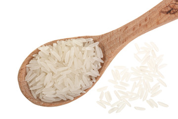 rice grains in wooden spoon isolated on white background. Top view. Flat lay