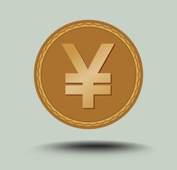 Obraz premium Japanese currency yen symbol. Gold coin with shadow isolated on light gray background