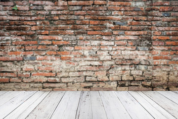 Empty wood Shelf on brick wall background