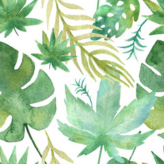 Seamless watercolor illustration of tropical leaves, dense jungle.