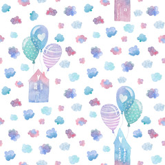 Seamless pattern with hand painted clouds and flying houses with balloons in the sky. Colorful watercolor background for fabric, wallpapers, gift wrapping paper, scrapbooking. Isolated on white.