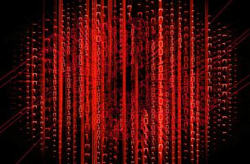 binary circuit board future technology, red cyber security concept background, abstract hi speed...