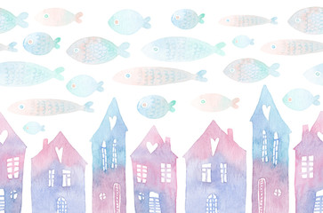 Seamless pattern with hand painted houses and flying fishes in the sky. Colorful watercolor illustration isolated on white background. © Juliautumn