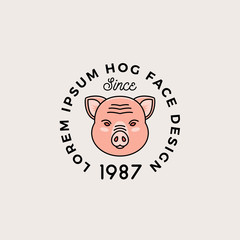 Line Style Hog Face with Retro Typography. Abstract Vector Sign, Symbol or Logo Template. Cartoon Pig Head Silhouette.