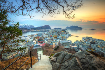 Beautiful Alesund town in Norway at sunset