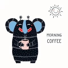 Foto op Aluminium Hand drawn vector illustration of a cute funny monster holding a mug cup, with lettering quote Morning coffee. Isolated objects on white background. Concept for children print. © Maria Skrigan