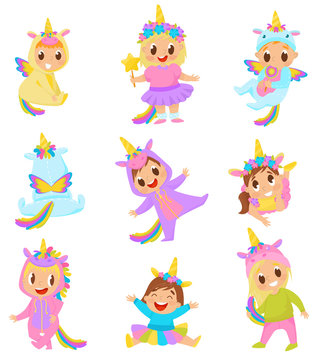 Sweet little kids in unicorn costumes set vector Illustration on a white background