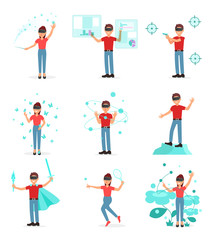 Fototapeta na wymiar Collection of people playing video game in virtual reality with VR headset, person using virtuallization technology vector Illustration on a white background
