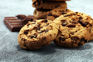 Chocolate cookies on rustic table. Chocolate chip cookies