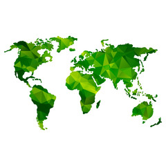 Global world map. Green color. Low poly vector objects isolated on white background. Objects isolated on white background.