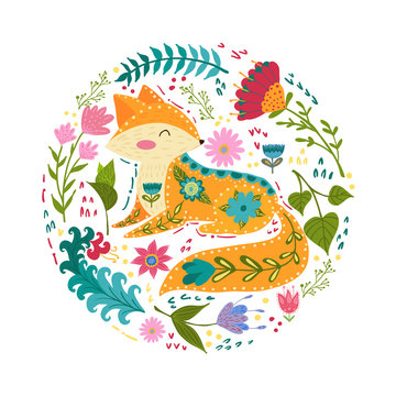 Folk set vector colorful illustration with beautiful fox and flowers. Scandinavian style.