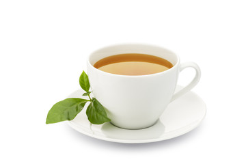 cup of green tea with leaves on white background