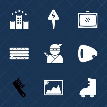 Premium set with fill icons. Such as sign, bed, japan, picture, man, media, energy, burger, electric, music, brush, frame, guitar, hotel, musical, cheeseburger, video, photo, room, service, home, hair