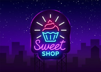Sweet Shop logo is neon style. Candy Shop neon sign, banner light, bright neon night sweets advertising. Design template for your projects. Vector illustration. Billboard