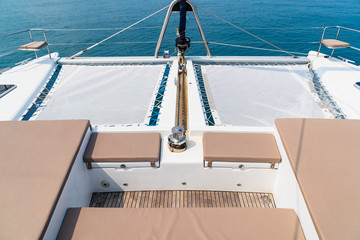 Luxury seat sea view in yacht on blue sky sunset light background.