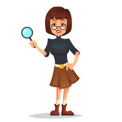 Smiling modern detective woman character with magnifying glass. Vector flat cartoon illustration