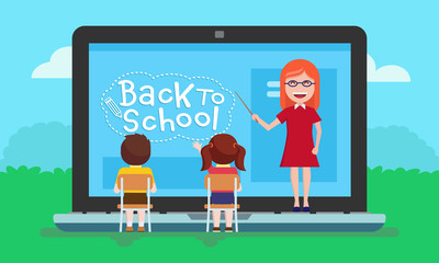 Teacher, student notebooks with screen characters back to school