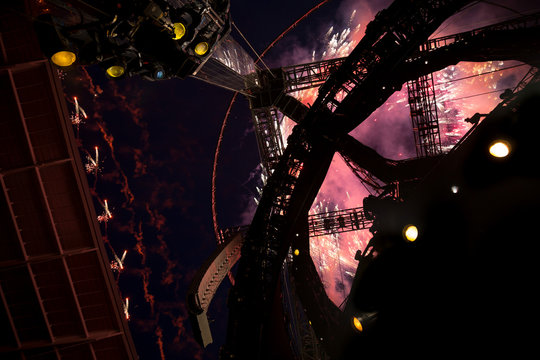 Concert stage with fireworks at night