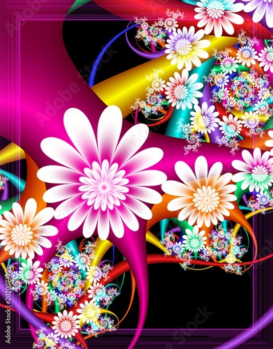 Digital Fractal 3d Design Multicolor Fractal Flower On Black