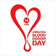 World blood donor day simple illustration, icon, logo. Stylized heart with drop, date and typographic composition. Blood donation symbol.