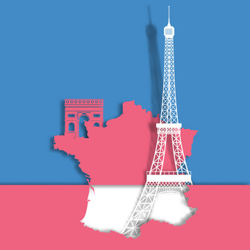 Eiffel tower and landmark on France Map  paper cut style .candy color vector style.