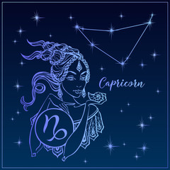 Zodiac sign Capricorn a beautiful girl. The Constellation of Capricorn. Night sky.  Horoscope. Astrology. Victor