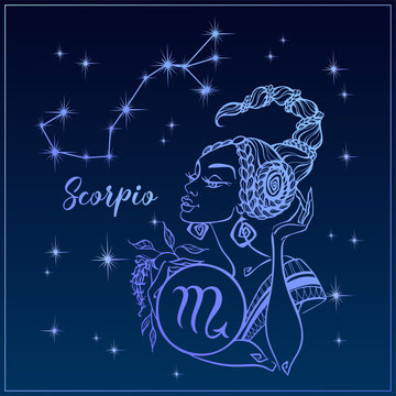 Zodiac sign Scorpio as a beautiful girl. The Constellation of Scorpio. Night sky.  Horoscope. Astrology. Victor