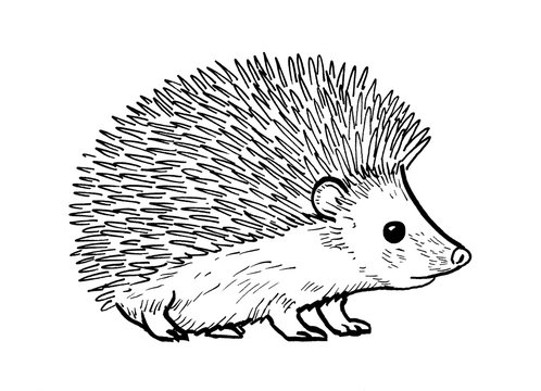 Drawing of hedgehog - hand sketch of mammal, black and white illustration