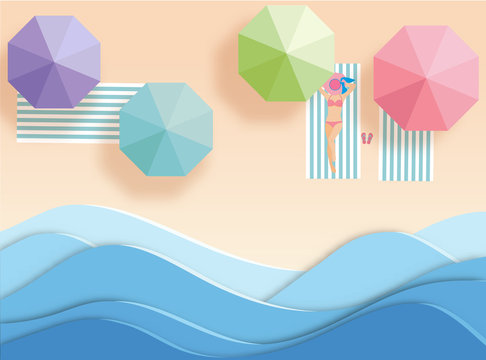 top view beach  with umbrellas. aerial view of summer beach in paper art style.paper cut and candy color style.