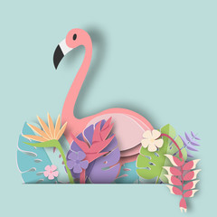 Tropical leaf and Flamingo Summer Banner,Paper art graphic Background