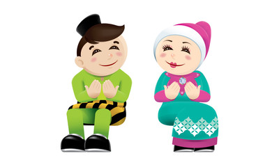 Muslim boy and girl with praying post. Isolated.