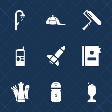 Premium set with fill icons. Such as bar, book, baseball, vintage, clean, wash, piece, spice, strategy, tool, fashion, glass, paint, shower, hygiene, telephone, chess, headwear, alcohol, launch, brush