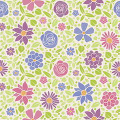 Pastel coloured texture with cute flowers - seamless background. Vector..