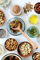 Cocoa granola and ingredients. Healthy breakfast. Concrete white background. Top view
