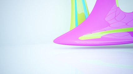 Abstract dynamic interior with colored gradient smooth objects. 3D illustration and rendering