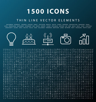 Set of 1500 Universal and Standard High Quality White Icons on Dark Background ( Isolated Elements )