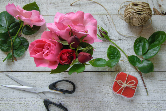 Top view of decorator's workplace.  Concepts - fiorist flat lay, occupation, hobby, small business