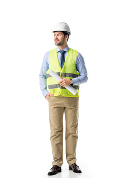 Smiling Builder In Reflective Vest Holding Blueprint Isolated On White