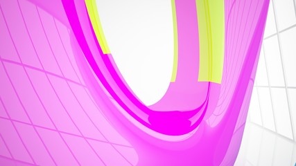 Abstract dynamic interior with colored gradient smooth objects. 3D illustration and rendering